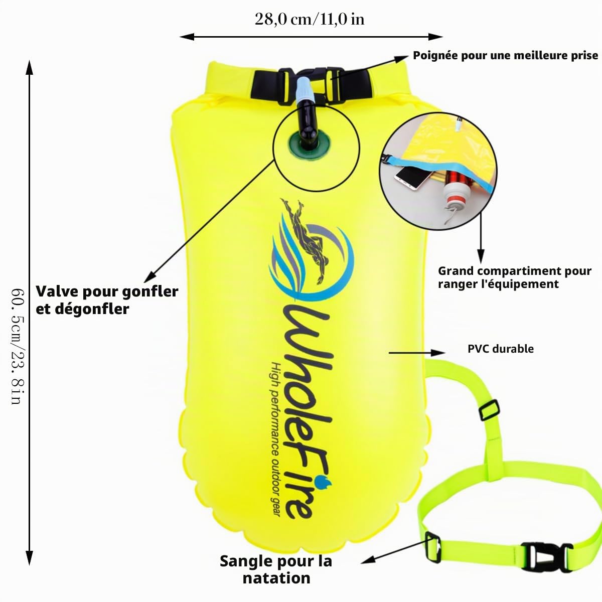 Bouée de natation gonflable étanche 20 L pour sports nautiques, nageurs en eau libre, triathlètes, kayakistes et plongeurs