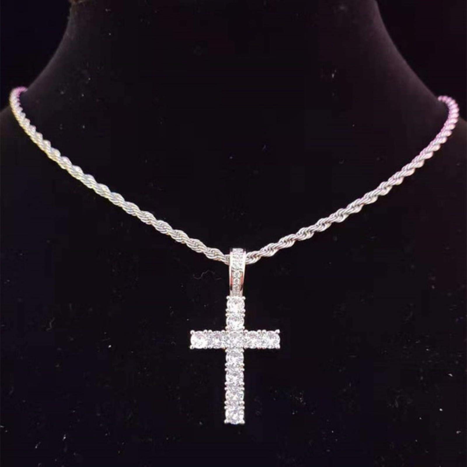 zxcs Men Women Hip Hop Cross Pendant Necklace with 4mm Zircon Tennis Chain Iced out Bling Necklaces HipHop Jewelry Fashion Gift-silver Rope chain,18inch(45cm)