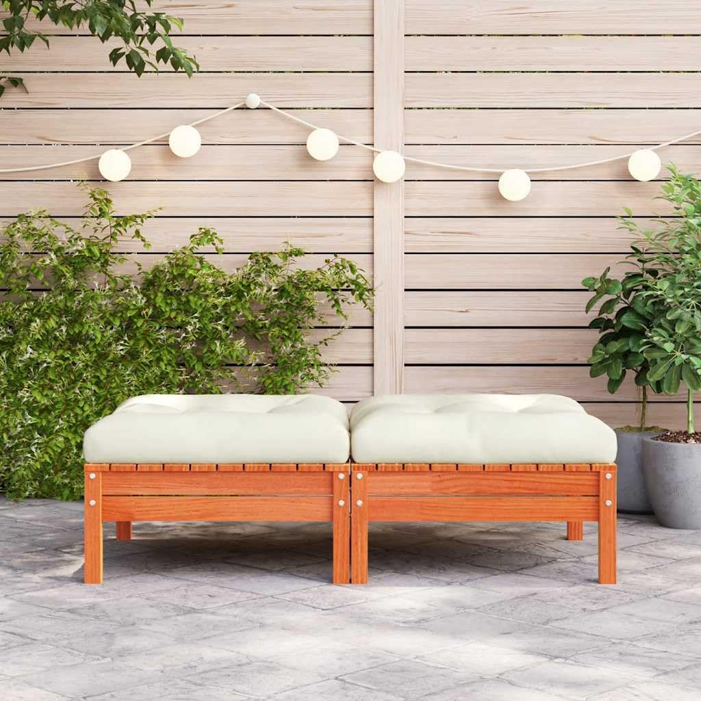 Reposapiés Jardín 2 Piezas Marrón Cera Madera Pino Macizo | Cojín de color crema incluido, 63 x 63 cm, diseño de láminas, modular, para patio y terraza