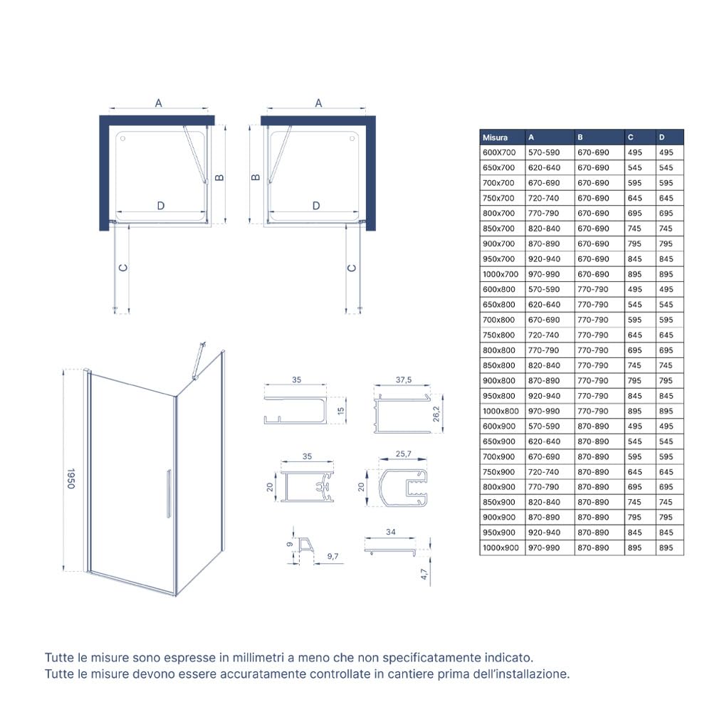 Box doccia 80x80cm con apertura a battente e parete fissa, profili cromati e vetro da 6mm opaco h195 | Elba