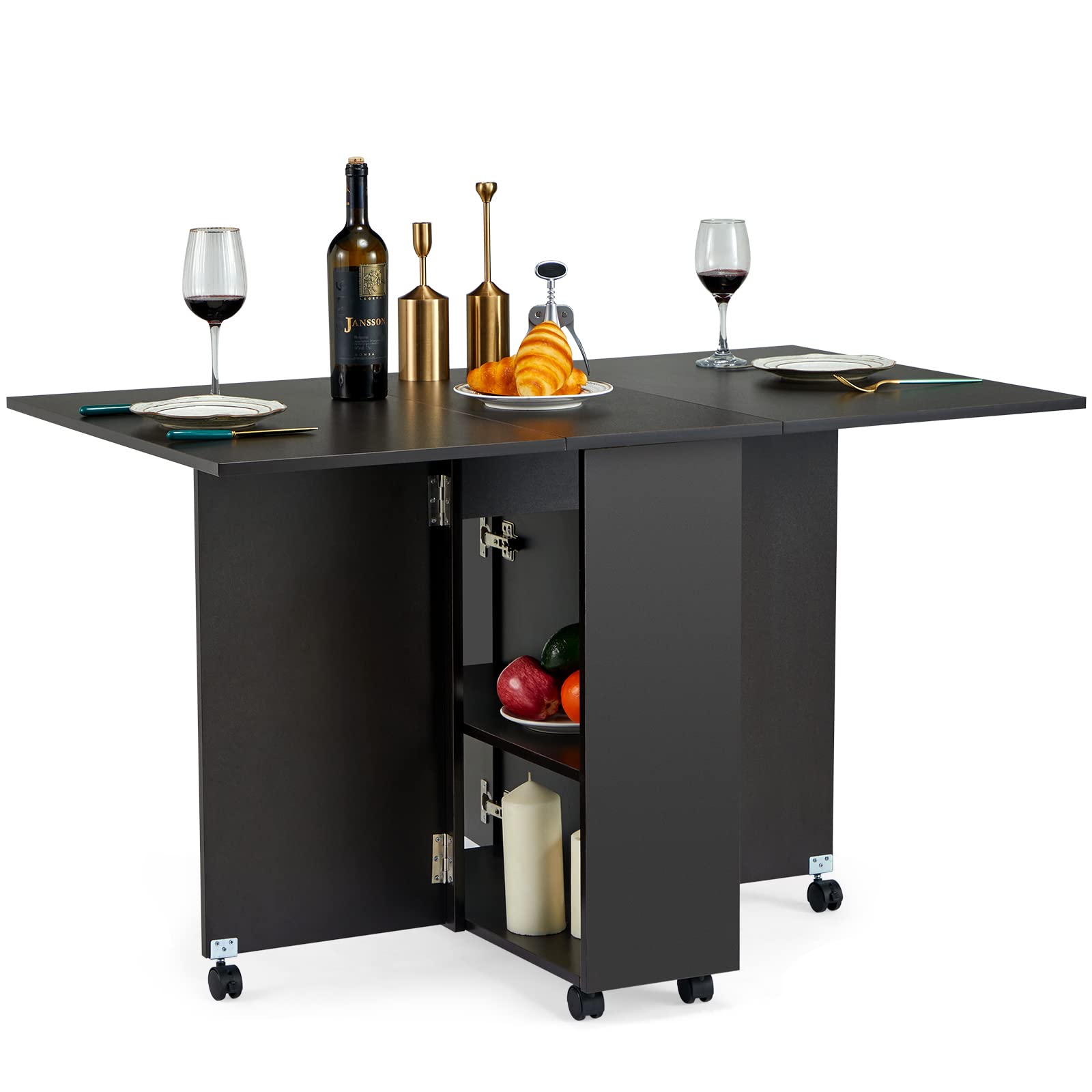 JOMEED Folding Dining Table with 6 Wheels, Drawer and 2Layer Storage