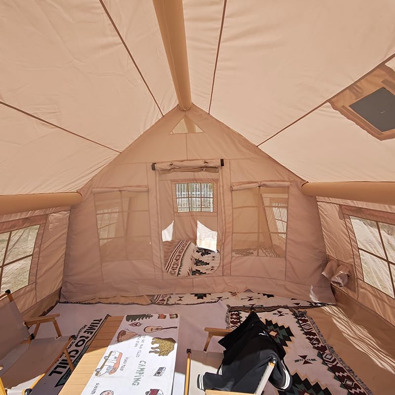 Tienda de campaña inflable, diseño de lujo impermeable para 6 personas, 2 habitaciones, postes de fibra de vidrio independientes, tela de algodón, 3 estaciones, ideal para acampar familiar y aventuras