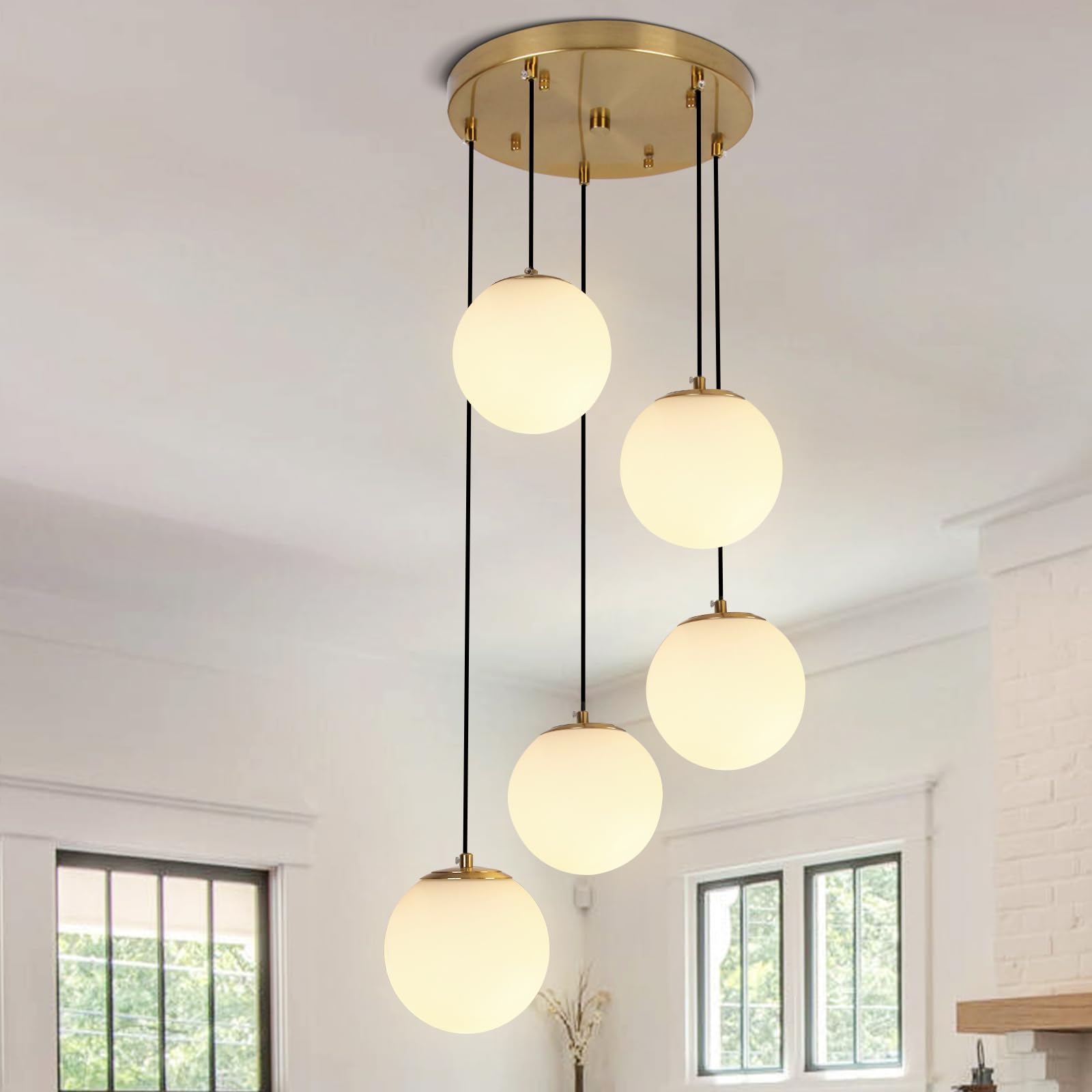 Photo 1 of passong Mid Century Globe Cluster Pendant Light, 5-Light Brushed Gold Chandelier with Milk White Glass, Modern Cluster Chandelier for Staircase Kitchen Island Dining Room Entryway