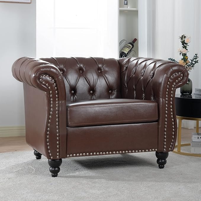 Image of WOODEN WORLD Modern & Classic Leather Sofa Set - Luxurious Comfort, Stylish Design, and Durable Build (Brown, 1 Seater)
