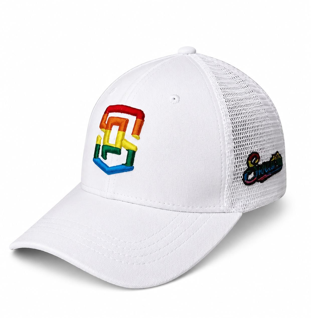 Sports Cap Rainbow Pride Embroidered Trucker Cap, White Mesh Back-image-33