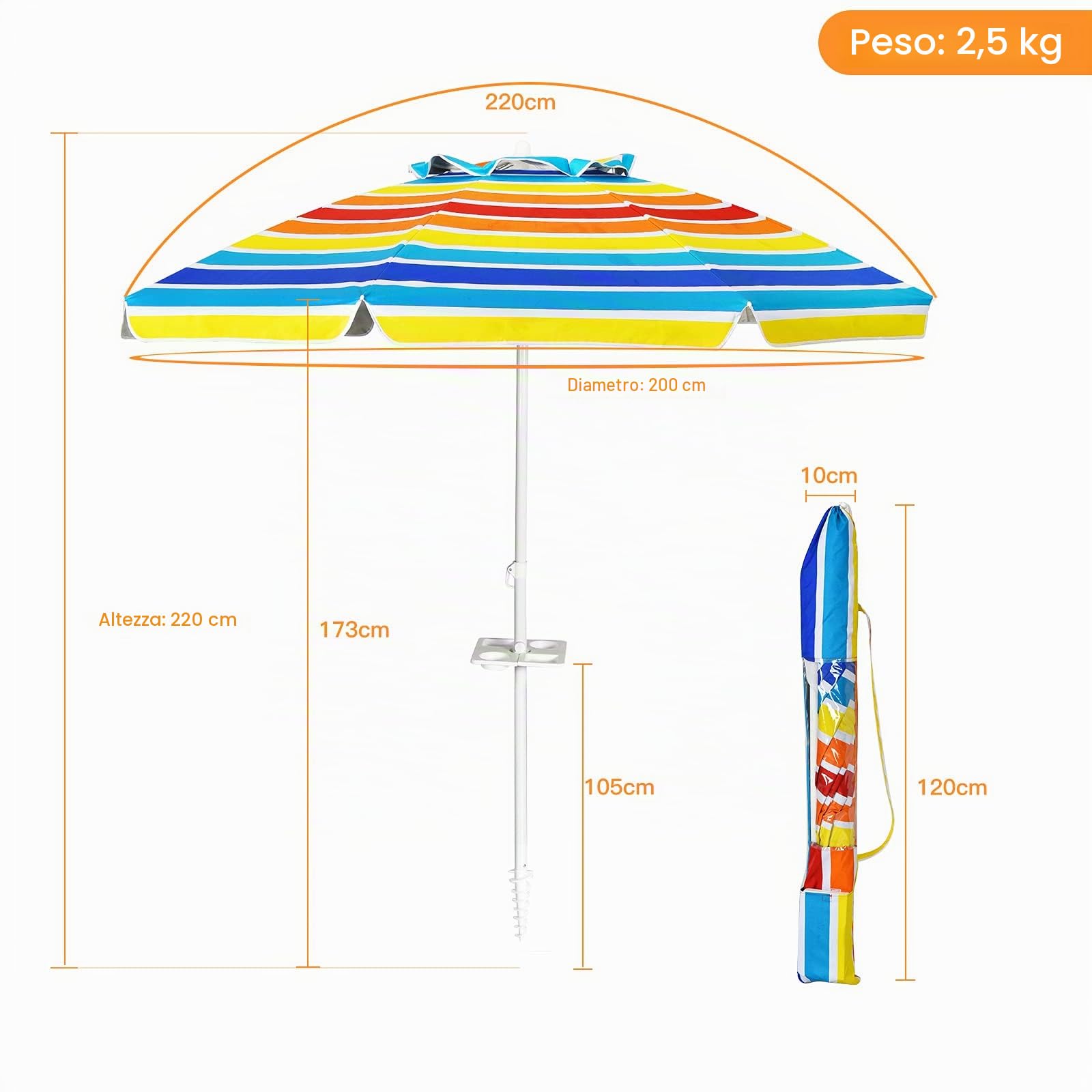 KOMFOTTEU Ombrellone da Spiaggia 200 cm, Parasole da Giardino con Portabicchieri e Borsa per il Trasporto, Pieghevole & Leggero, Ombrellone da Balcone Protezione Solare, per Patio, Piscina