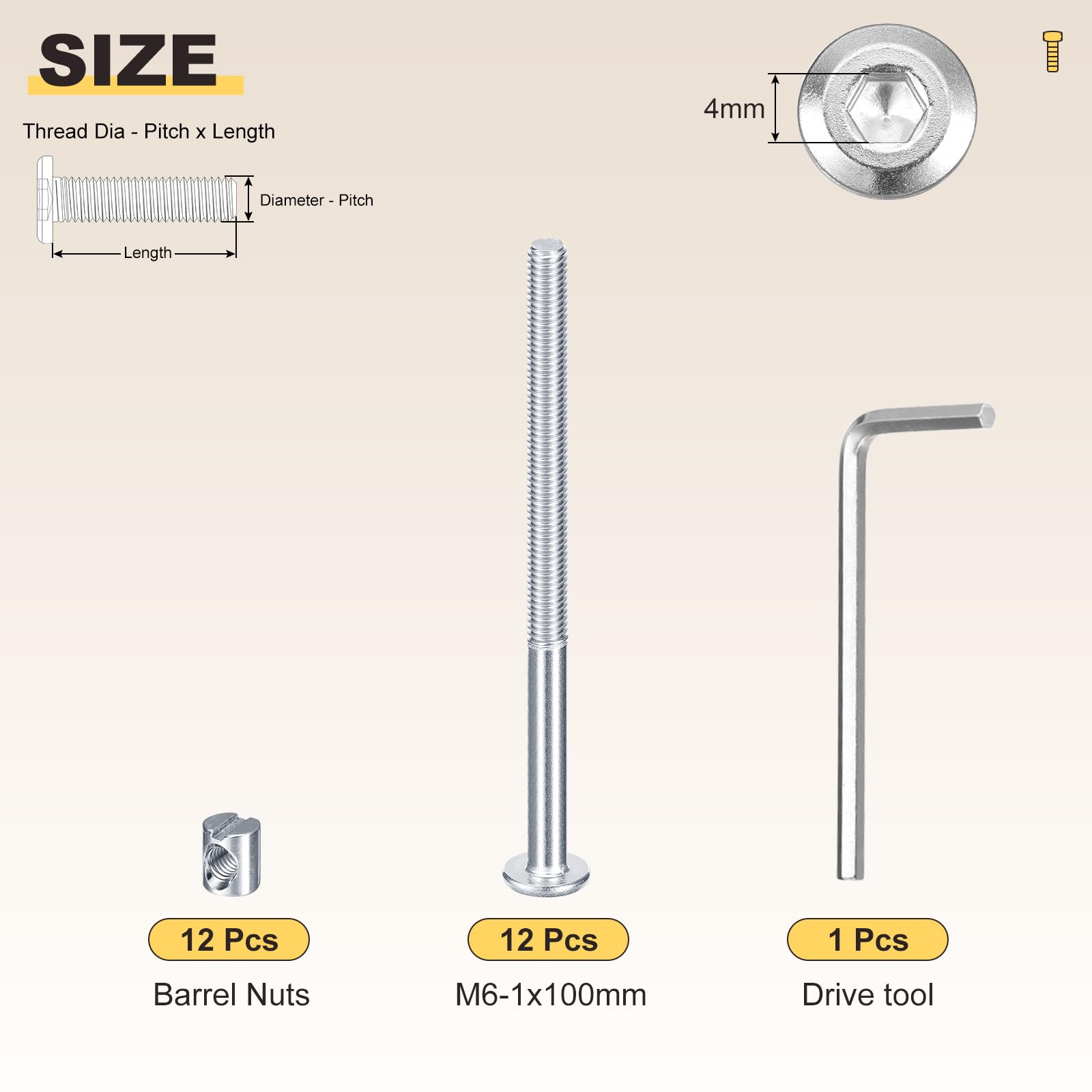 METALLIXITY Furniture Crib Screws Replacement Set including Wrench(M6-1x100mm) 16Pcs - Image 2