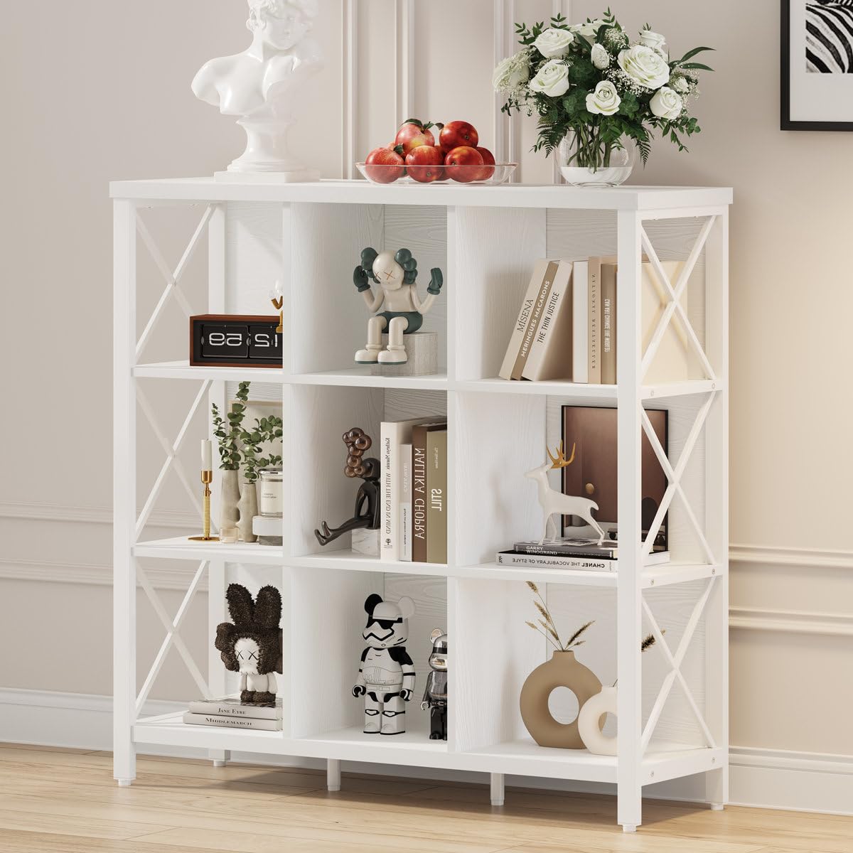 FATORRI 9 Cube Storage Bookshelf for Home Office White Oak Wood and Metal Bookcase
| Modern 4 Shelf Bookshelf FATORRI 9 