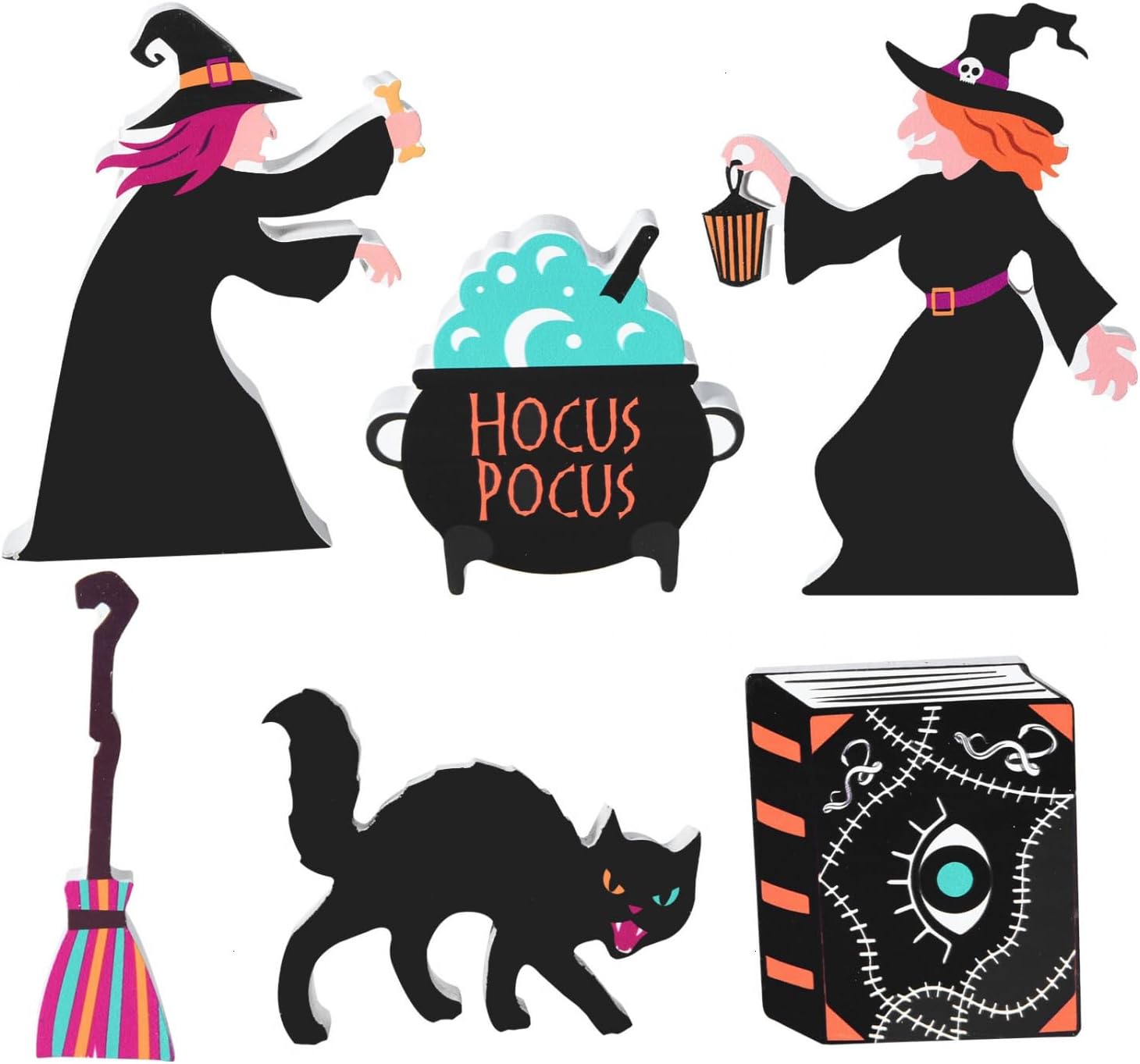 JETEHO 6PCS Witch Themed Halloween Wooden Signs, Freestanding Halloween Wooden Signs Decor Includes Witch Pot Groom Black Cat Spell Book, Halloween Tiered Tray Decor Hocus Pocus Decor for Rustic Farmhouse Home Mantle