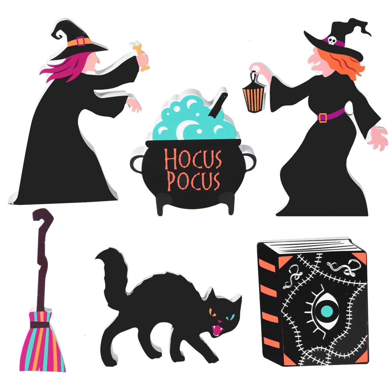 JETEHO 6PCS Witch Themed Halloween Wooden Signs, Freestanding Halloween Wooden Signs Decor Includes Witch Pot Groom Black Cat Spell Book, Halloween Tiered Tray Decor Hocus Pocus Decor for Rustic Farmhouse Home Mantle