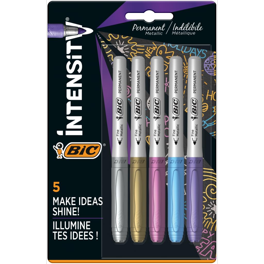 Bic Pennarelli Indelebili Metallizzati, Confezione Da 5, Vari Colori Metallizzati, Per Superfici Scure E Chiare, Inodore (Modello Assortito)-image