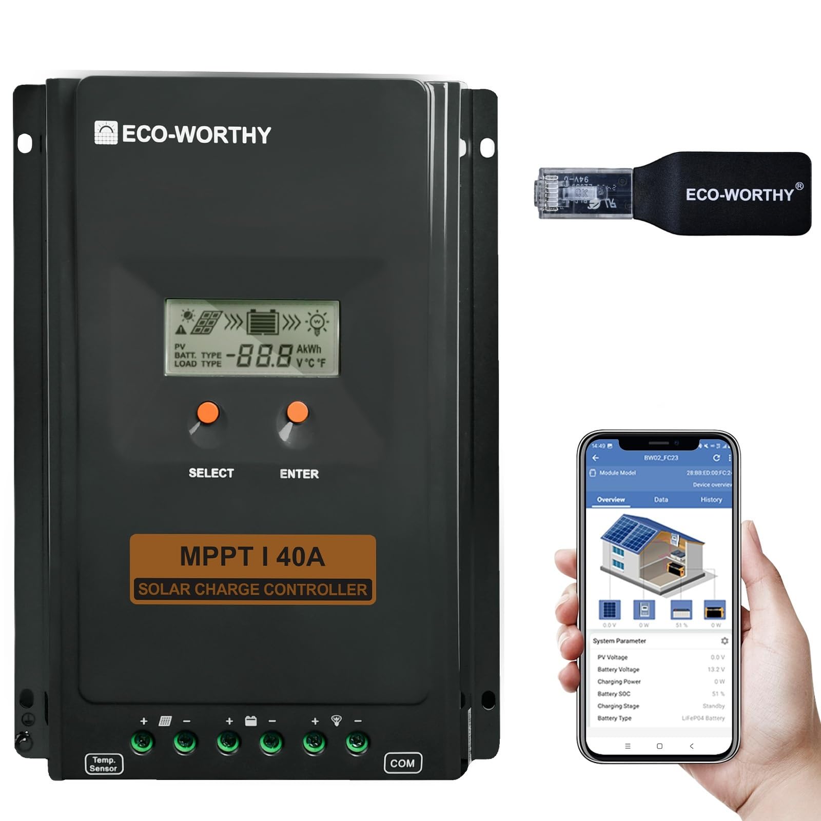 ECO-WORTHY Regulateur de Charge Solaire MPPT 40A, 12V/24V Contrôleur de Charge Solaire avec écran LCD, Moniteur d'application Bluetooth et RS485, 99 % d'efficacité pour Batterie lIFePO4 GEL SLA FLD