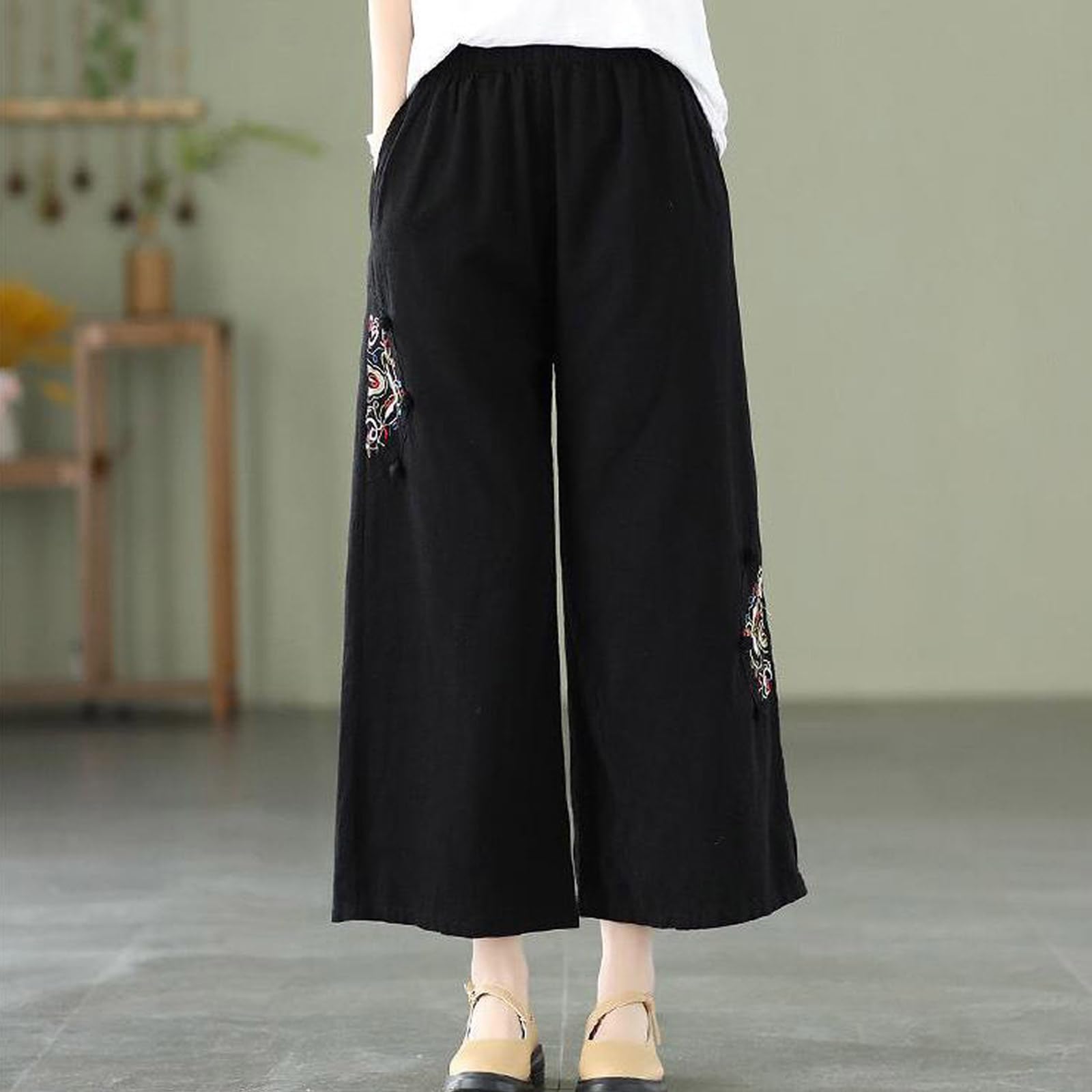 CHUIKUAJ Tenue de Tai Chi à Manches Courtes pour Femme, Ensemble Rétro en Coton et Lin, Tenue de Méditation Zen, Chemise Jacquard de Style Chinois + Pantalon Brodé