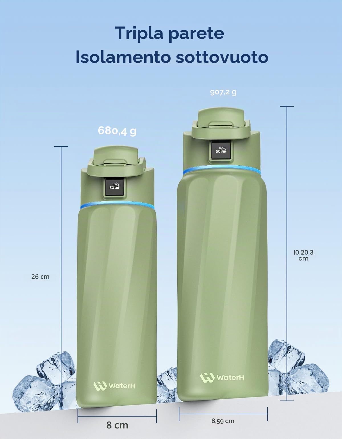 WATERH BOOST - Borraccia intelligente con promemoria idratazione e tracker, borraccia termica sottovuoto in acciaio inox, senza BPA, apertura larga, ideale per palestra, scuola, ufficio, 710 ml
