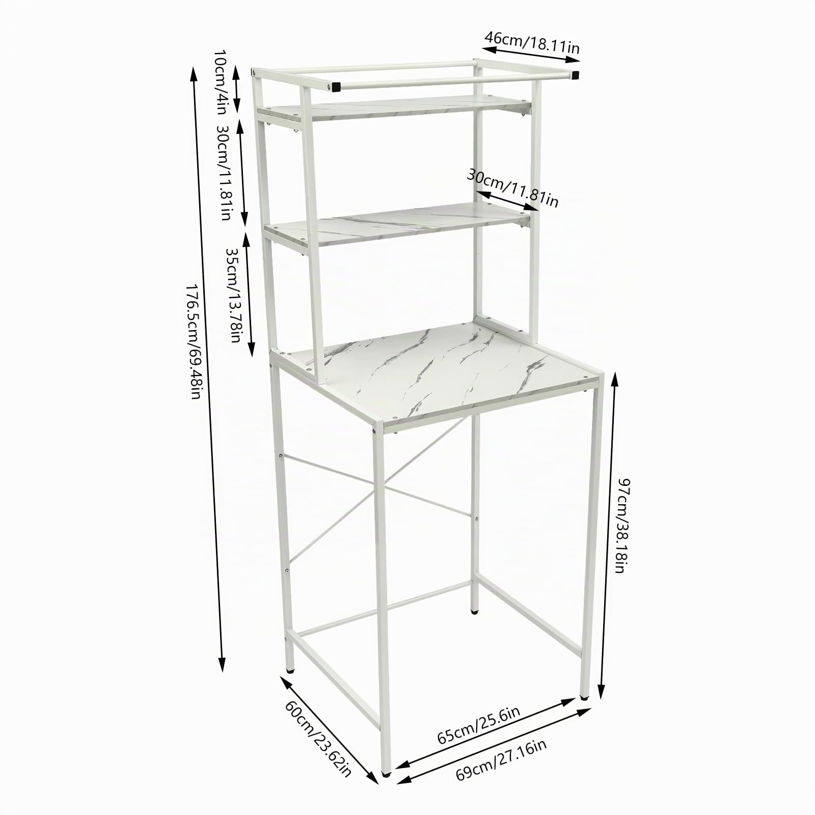 Waschmaschinenregal, WC Regal über Waschmaschine Toilette, Waschmaschinenschrank Überbauschrank, Toilettenschrank, 3 Ablagen, Handtuchhalter, Metall Holzwerkstoff, 69x176.5x60 cm (Weiß)