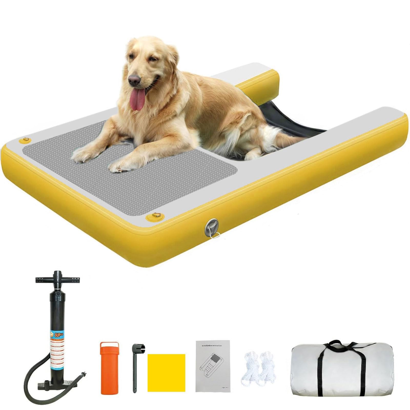 Rampa gonfiabile per piscina con pompa, corda e kit di riparazione, scala galleggiante per cani fino a 51,3 kg, ideale per barche, piscine, laghi e balneazioni al mare
