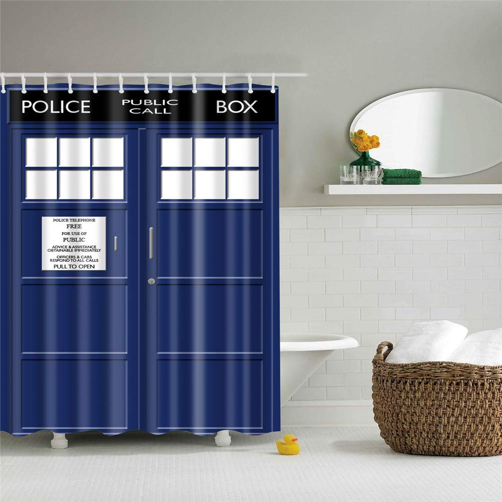 Morbuy Police Box Shower Curtain For Bathroom With 12 Hooks Washable Polyester Fabric Bath Curtains 3D Shower Curtain Waterproof Resistant Quick Dry (180X180cm,)