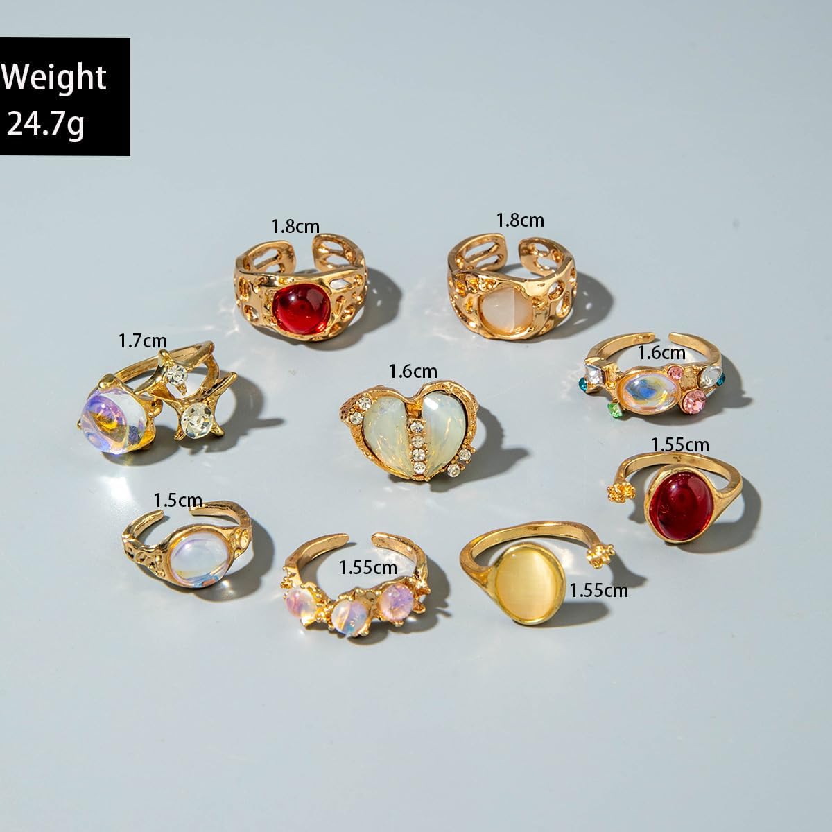 9Pcs Gold Gemstone Rings Set for Women Heart Open Ring Set Irregular Stackable Knuckle Ring Set Sparkly Rhinestone Moonstone Fashion Jewelry Accessories image 4