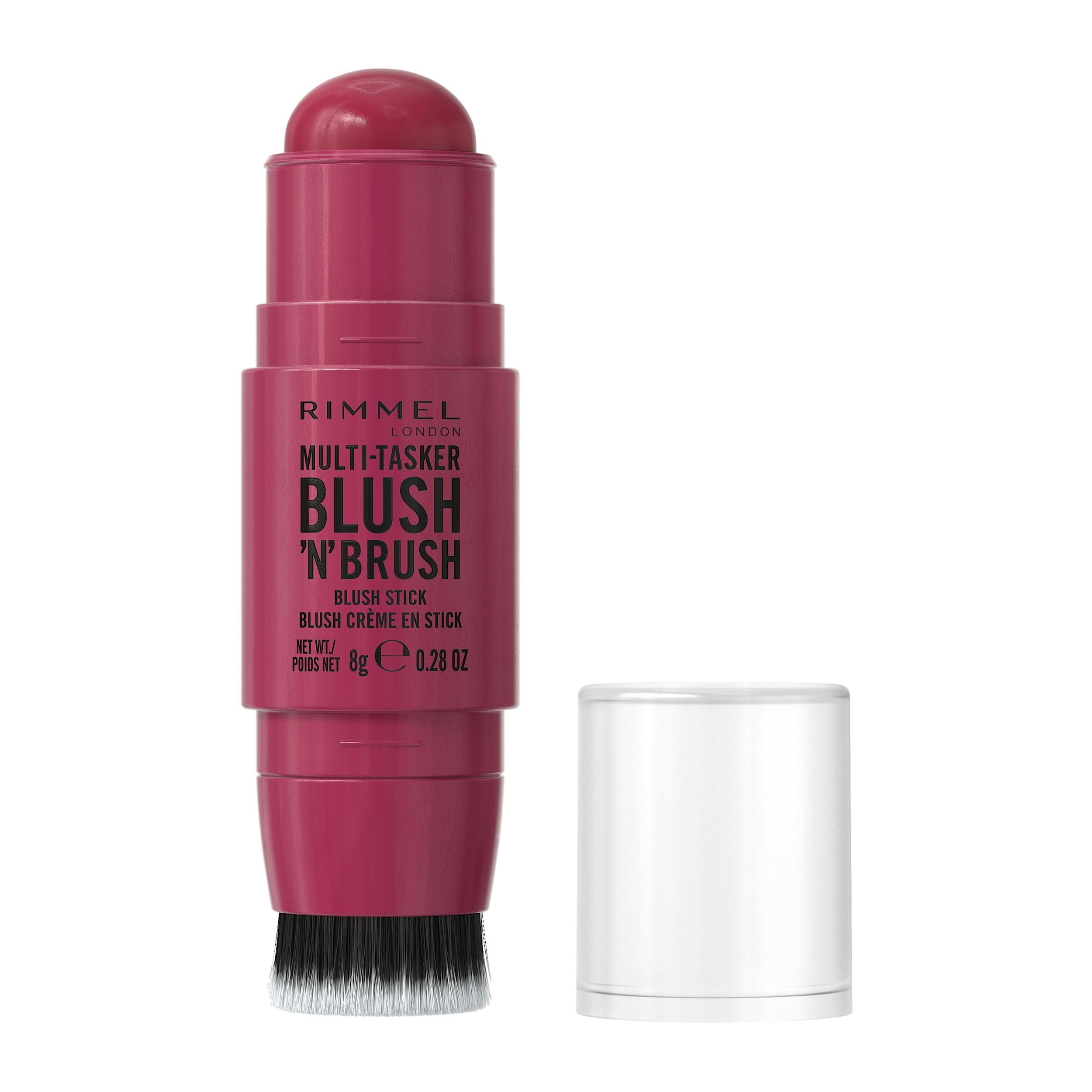 Rimmel Multi Tasker Blush'N'Brush, Dual-Ended Blush Stick with Built-in Brush, Cream-to-Powder Formula for a Smooth, Weightless Finish, Fushia Glam, 8g