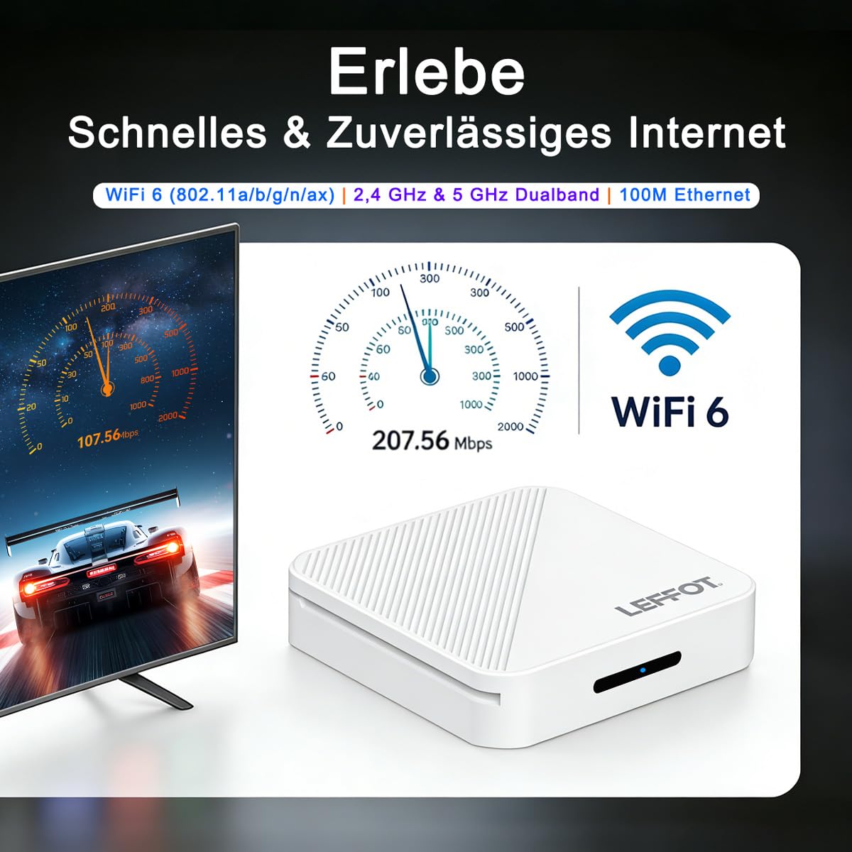 Android 14.0 TV Box 2026, LEFFOT 4K UHD TV Streaming Box, 2GB RAM 16GB ROM | IP-TV Box, Unterstützung Sprachsteuerung, 2.4G & 5G WiFi 6, BT 5.4, USB 3.0, 100M Ethernet, RK3518 Quad-Core A53