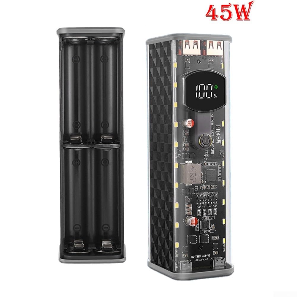 Custodia portatile per power bank in ABS trasparente, design a saldatura, per assemblaggio fai da te, compatibile con celle della batteria 8 x 18650, supporta la ricarica rapida da 22,5 W e 45 W (nero
