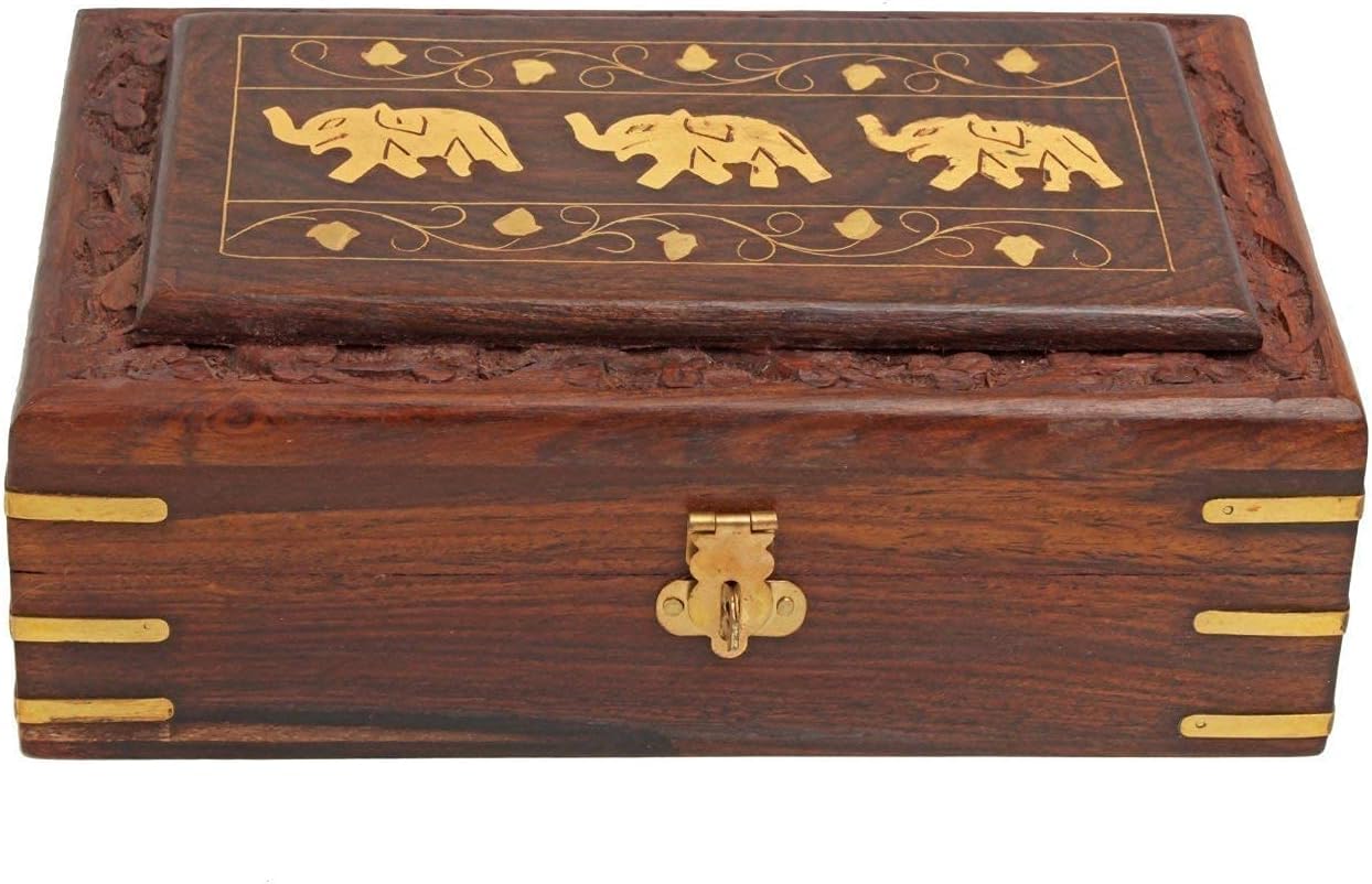 TrendBellTrendBell Christmas Gift Wooden Jewellery Keepsake Storage Box with Hand Carved Elephant Design Decorative Jewelry Storage Organizer Box Gifts