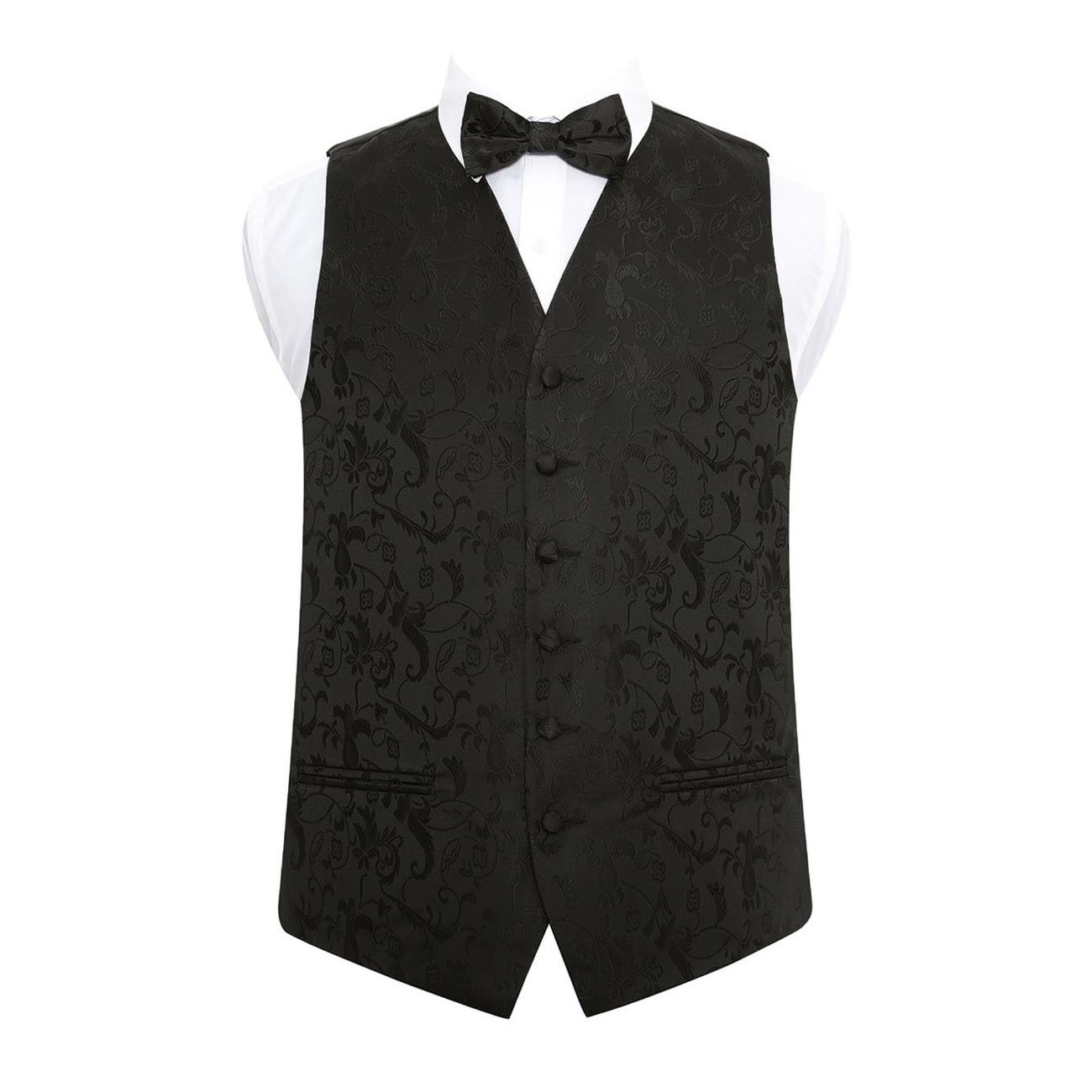 Dqt Men's Black Floral Passion Jacquard Waistcoat & Pre-Tied Bow Tie Set (2Pc) - Wedding, Business & Formal - 46" (3Xl)