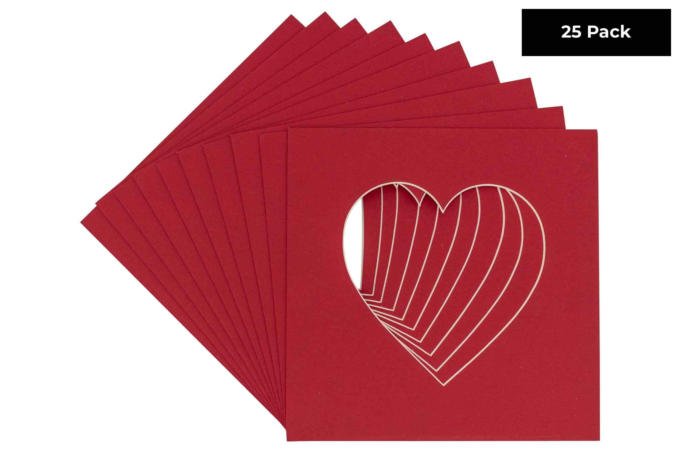 CountryArtHouse Deep Red Acid Free 8x8 Heart Picture Frame Mat with White Core Bevel Cut for 4x4 Pictures - Fits 8x8 Frame - Pack of 25 Matboards