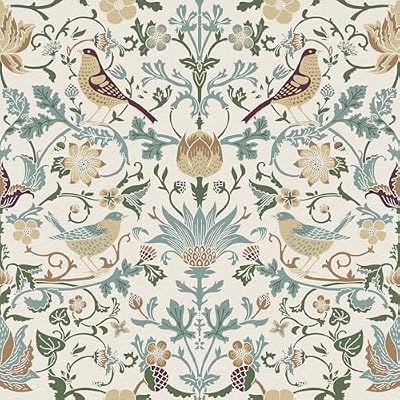 WESTICK Beige William Morris Wallpaper 17.5"x315" Vintage Peel and Stick Birds Floral Wallpaper Boho Botanical Wall Paper Self Adhesive Floral Contact Paper for Bedroom Bathroom Living Room Cabinets