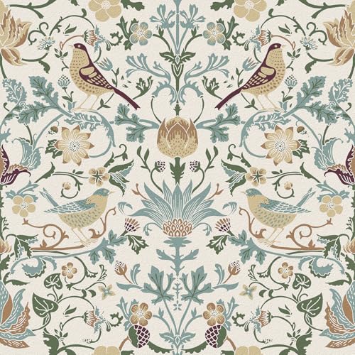 WESTICK Beige William Morris Wallpaper 17.5x315 Vintage Peel and Stick Birds Floral Wallpaper Boho Botanical Wall Paper Self Adhesive Floral Contact Paper for Bedroom Bathroom Living Room Cabinets
