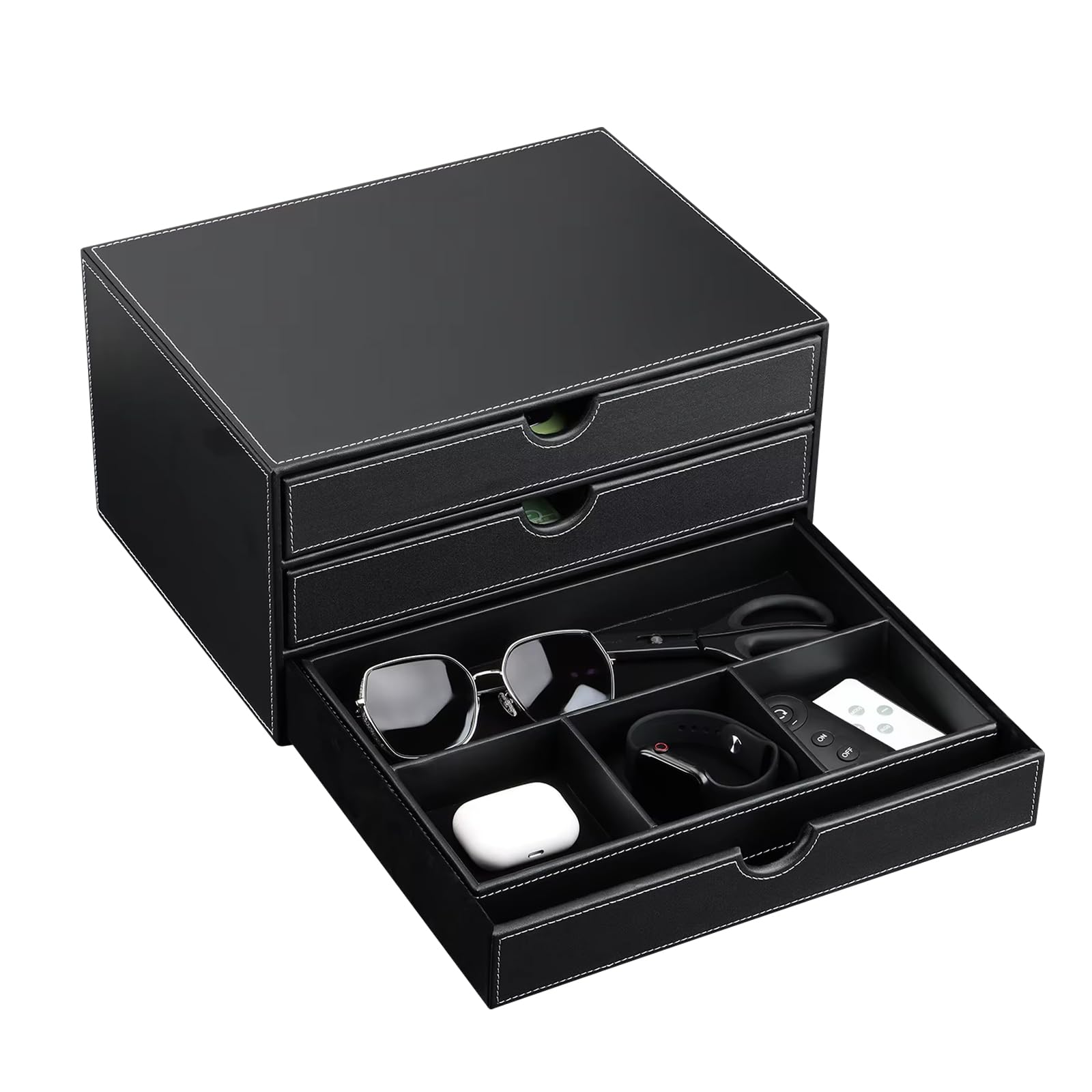 Caja de escritorio de piel con 3 cajones A4, organizador de oficina