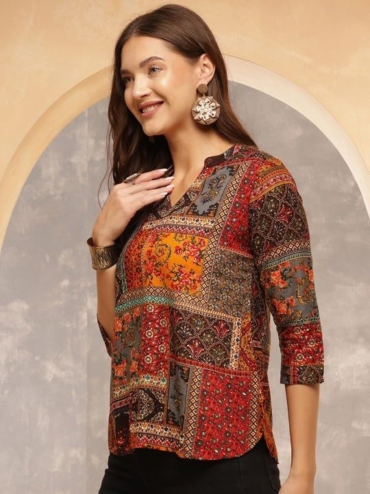 Image of Women's Cotton Printed Short Kurti, Round Neck, Three Quarter Sleeve, Straight Fit, Pack of 2