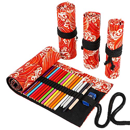 Funny live 36/48/72 Slots Colored Pencil Wrap Pencils Roll Holder Coloring Pencils Organizer Holder Colored Pen Paint Brush Storage Pouch Portable for Artist Student (Red ocean, 72 Slots)