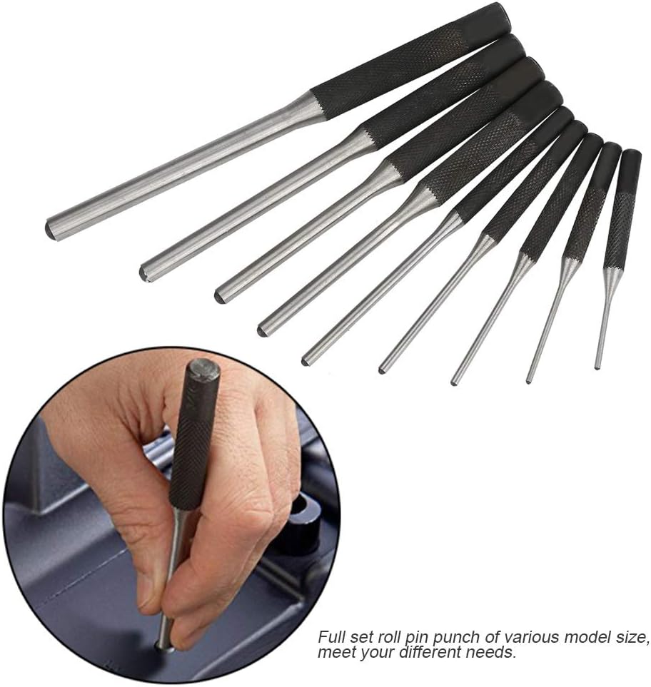 9 Pcs Durable Steel Roll Pin Punch Set,Professional Multi Size Round Head Pins Set Steel Grip Roll Pins Punch with Carry Bag - 