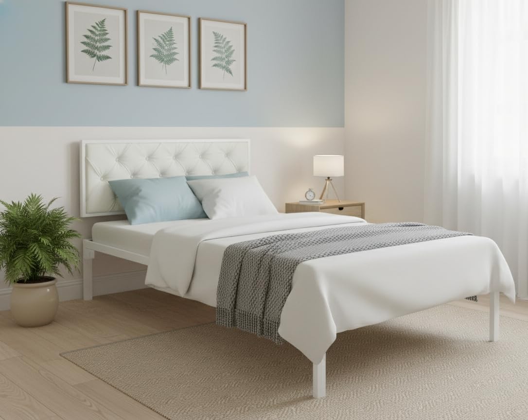 APRODZ Single Size Bed with Upholstered Headboard | CR Steel Frame | Modern Platform Bed | Sturdy, Durable & Noise-Free | No Box Spring Needed | Stylish Furniture (White Powdercoated/White Fabric)-image-39