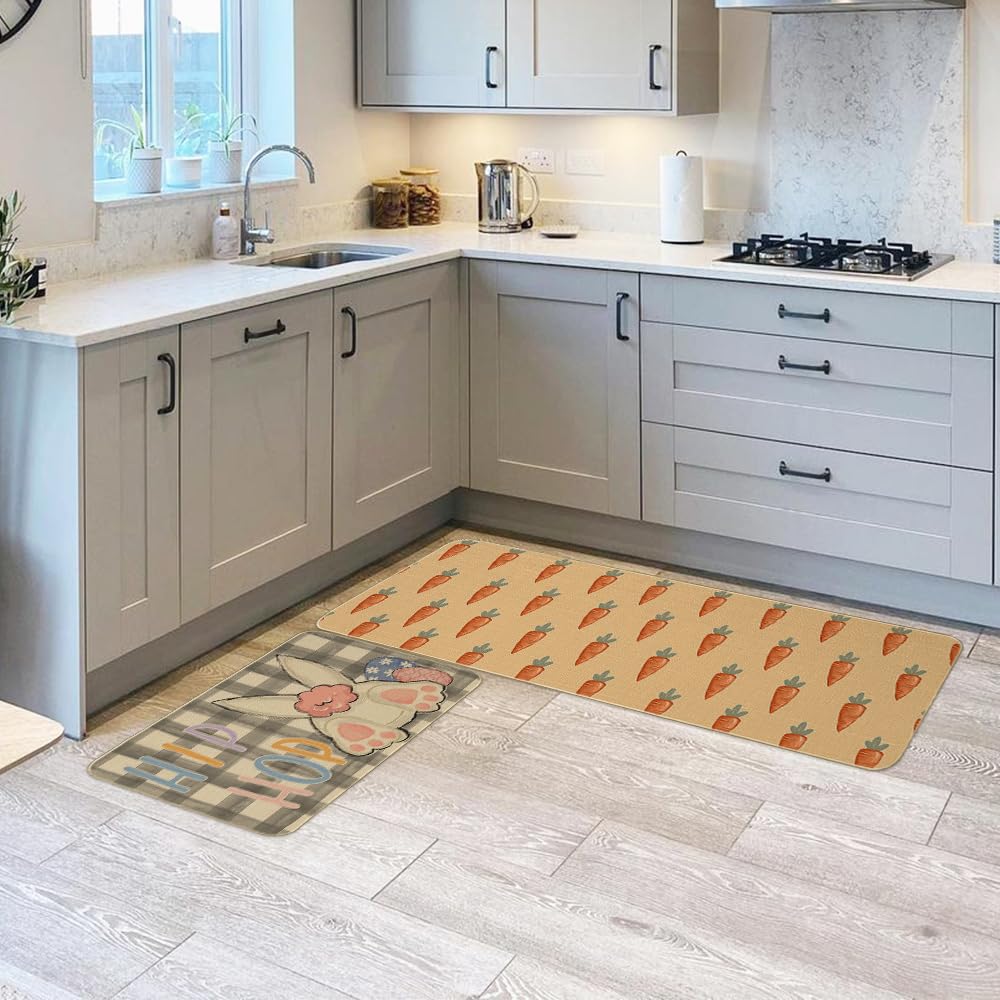 ARKENY Happy Bunny Easter Kitchen Mat Set of 2,Spring Kitchen Rugs and Door Mats,Seasonal Easter Egg Carrot Hip HOP Kitchen Floor Mat 17x29 and 17x47 Inch AKM031