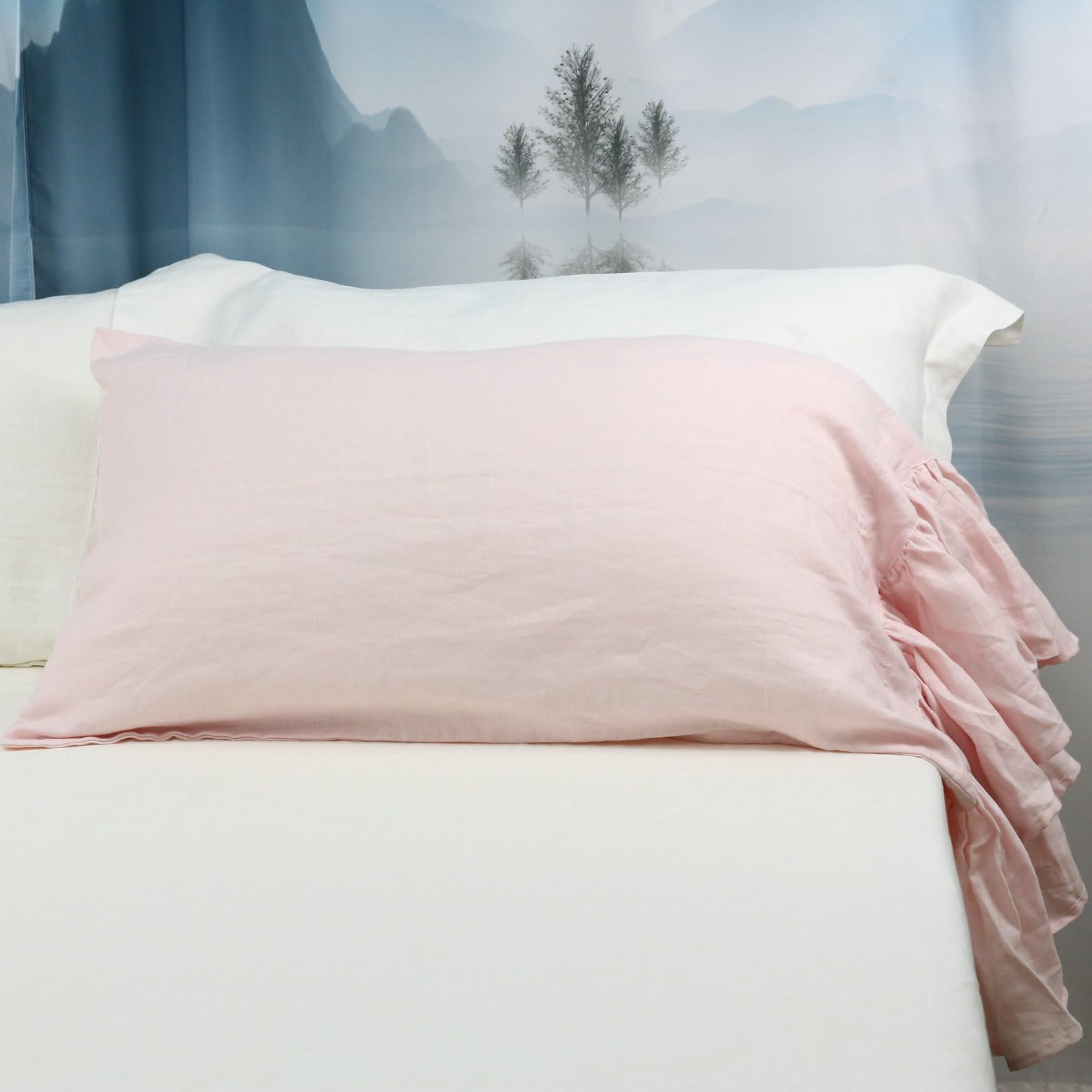 ESASILK 100% French Linen Pillowcase Ruffles Pillow Cover King Queen Twin 1 pcs (Queen, Pink)