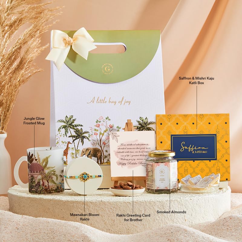 Image of THE GIFT STUDIO.COM | Rakhi Vibe Hamper for Brother | Meenakari Bloom Rakhi, Kaju Katli, Smoked Almonds, Mug & Greeting Card | Raksha Bandhan Gift