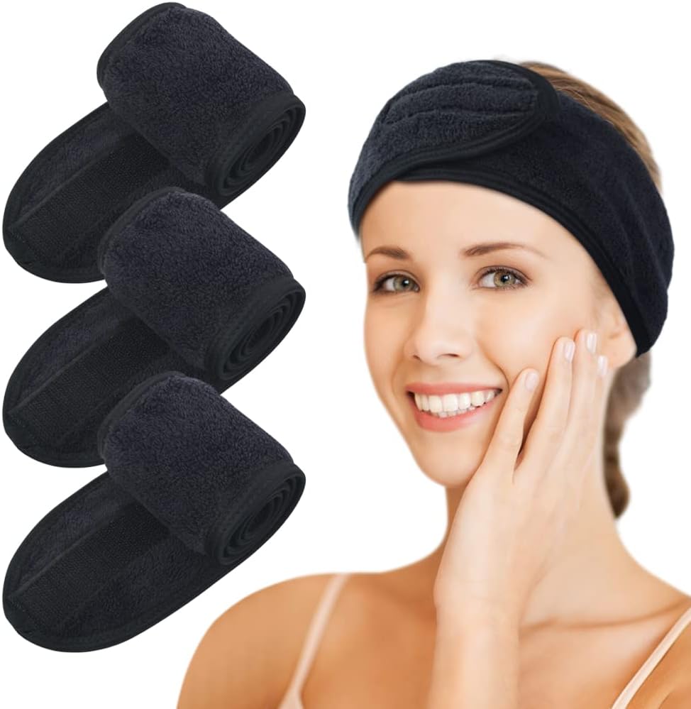 KinHwa 3 Pack Spa Facial Headband Makeup Hair Band Women Skincare Adjustable Microfibre Headband for Washing Face Sports Yoga Black