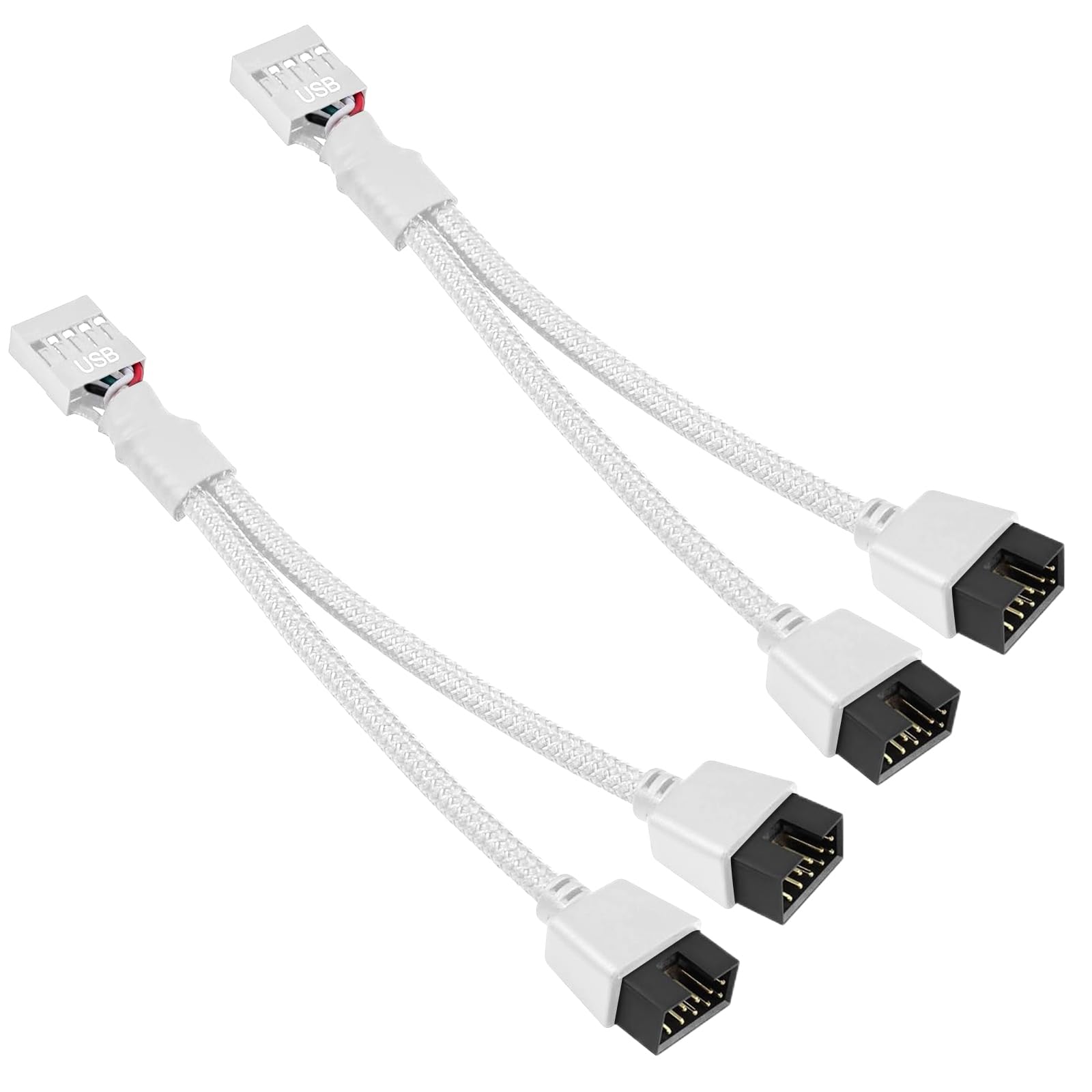 2 Pcs USB 2.0 Double Extension Cable with Shielding Cable, 9-Pin to Dual 9 USB Header Plug, PC Motherboard USB Pinheader Female, Male Adapter Port Multilier for PC Motherboard (White)