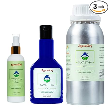 Sugandhim Swastha Oil Floor Cleaner & Spray Combo, 1 x 100ml 1 x 500ml 1 x 100ml Spray, 100% Natural Disinfectant & Mosquito Repellent, Cedar-wood Citronella Lemongrass Unique Essential Oils Blend, Non Toxic, Chemical Free, Natural Substitute, Baby Safe & Pet Friendly, Swach & Swasth, Fresh & Clean, Eco Friendly, Pleasant Fragrance, For All Spaces, Citrus, Green, Woody, Aroma Diffuser, Made In India