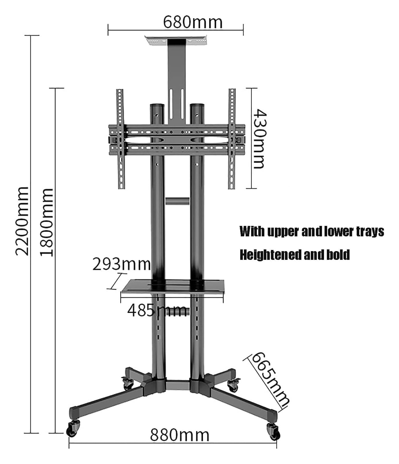 Soporte para TV con ruedasSoporte para TV móvil de pie con Soporte para TV de Altura Ajustable para televisores de 32 "y 65" Fácil de Mover con Ruedas Marco de Metal Resistente