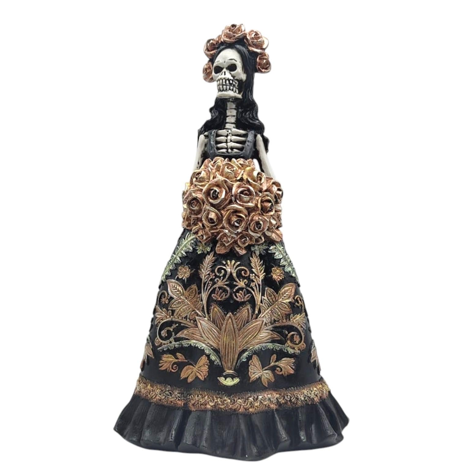 Catrina Mimi Figurine Decorative, Black Dress with Flowers and Gold Details, 33 cm, Day of the Dead (Black with Gold)
