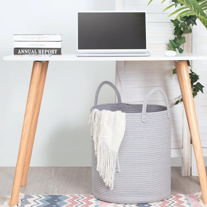 Image of Storage Rope Laundry Hamper Basket for Clothes, Towels and Blankets in Livingroom, Bedroom, Laundry Room and Basket for Nursery Storage (Size - 14 inch x 14 inch x 18 inch) (Grey)