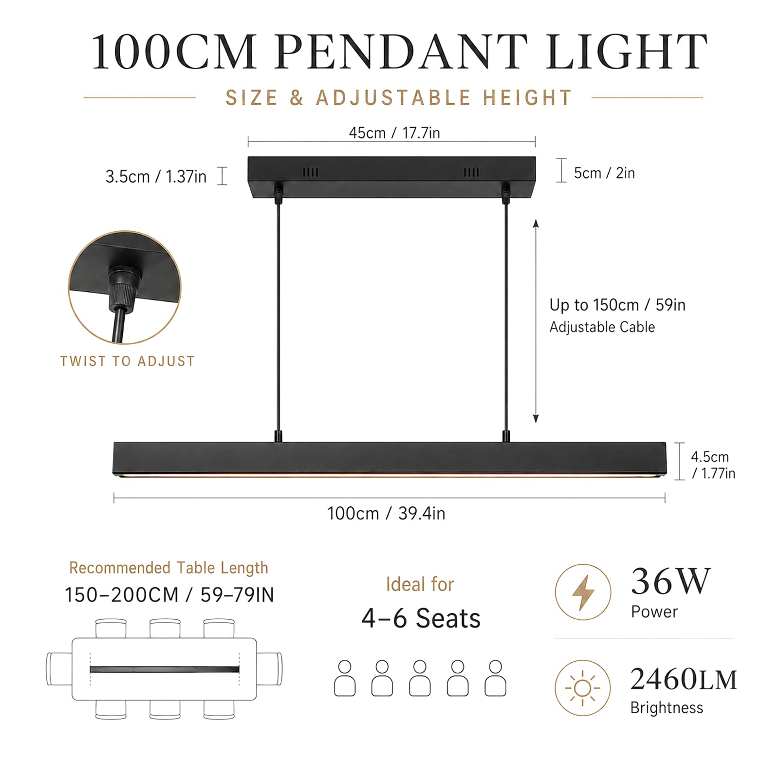 Moderna Lampada a sospensione LED Dimmerabile, lampadario cucina in legno con Telecomando 36W lampadario Lineare Regolabile in altezza, nero per sala da pranzo Ufficio, L100CM
