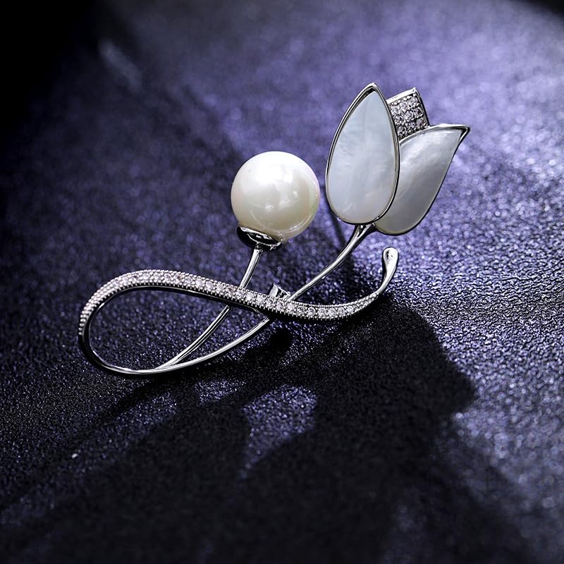 Image of 14K Gold Tulip Flower Brooch, Delicate Moissanite and Natural Freshwater Pearl Corsage,Perfect for Elegant Dressing