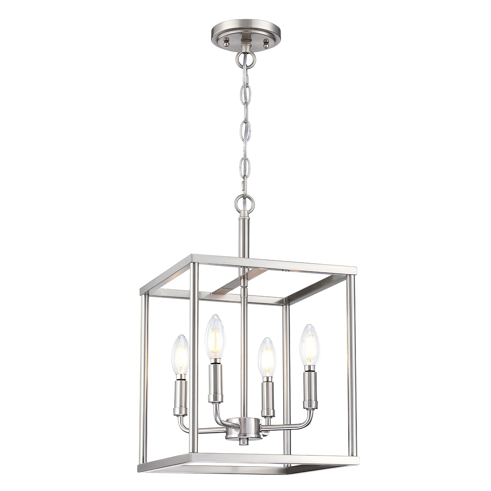 Dolaimy House 4 Light Lantern Cage Hanging Farmhouse Mini Indoor Pendant Lighting for Kitchen Island Wood Brushed Nickel Finish Adjustable Length E12 Base UL Certification