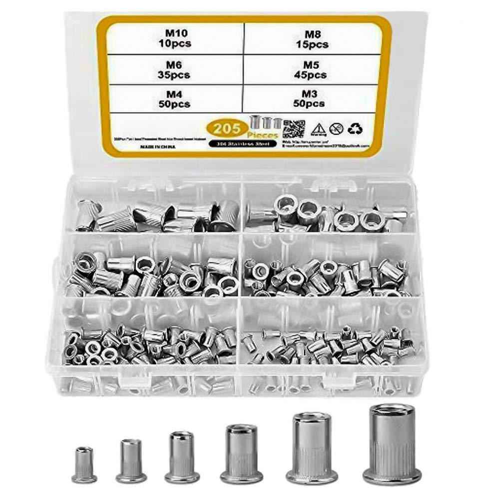 Dadi rivettati filettati, Confezione da 205 kit di dadi rivettati a testa piatta in acciaio inossidabile 304 M3/M4/M5/M6/M8/M10