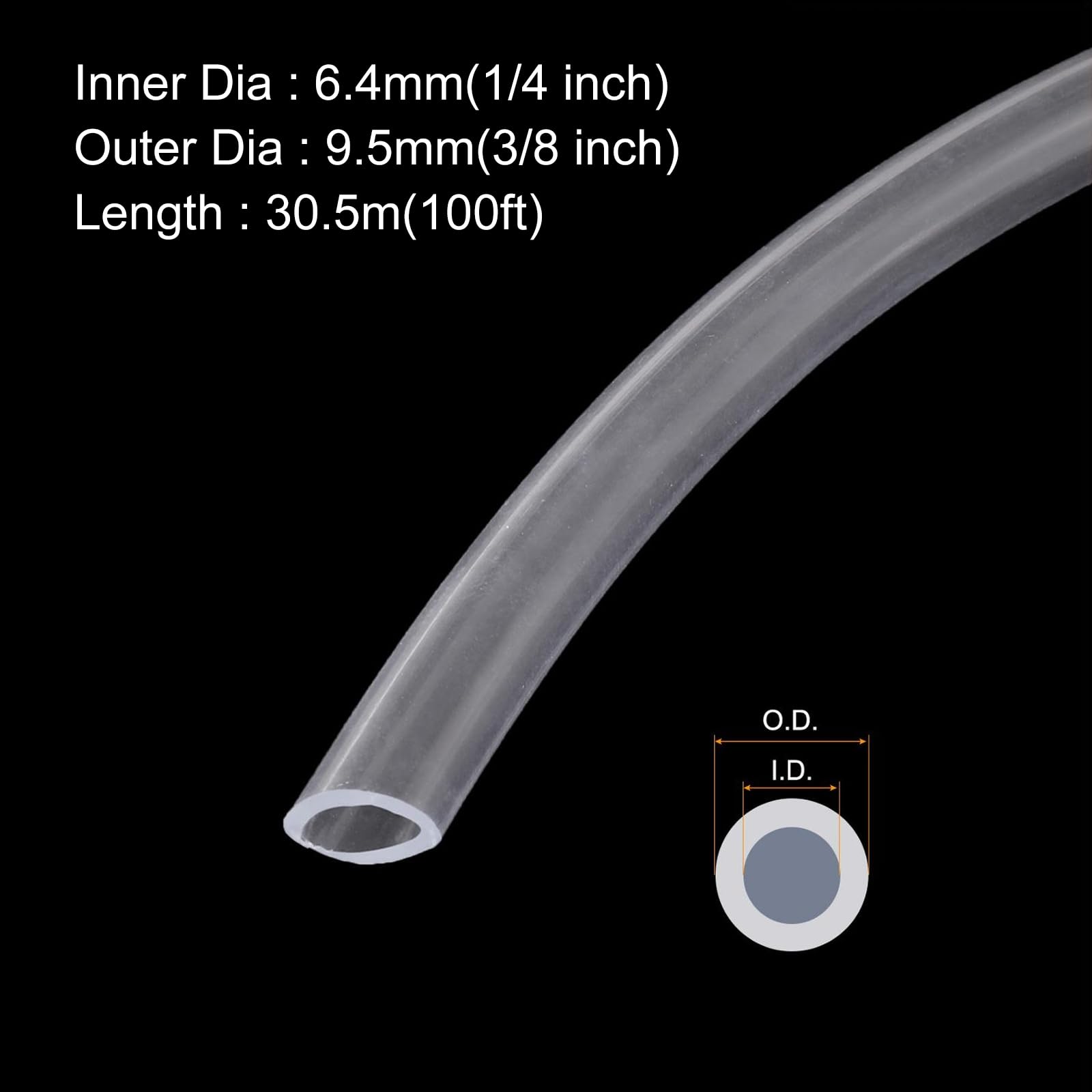 QUARKZMAN Tubo In PVC Trasparente 6.4mm x 9.5mm Tubo Plastico In PVC Flessibile Tubo Per Acqua 100ft Per Tubi Industriali Acquari 1/4" ID 3/8" OD Con 2 Pezzi Fascette