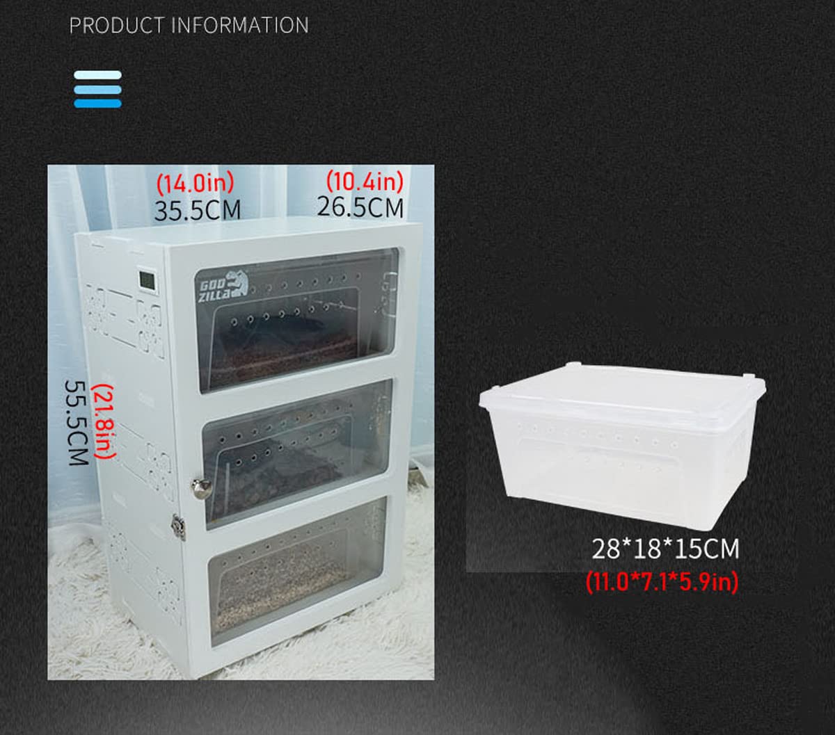 Cassettiera per allevamento di rettili a 3 livelli: terrario impilabile e ventilato per diverse specie (serpente, scorpione, tartaruga, ragno) - Habitat trasparente in PVC/plastica, nero, tappetino